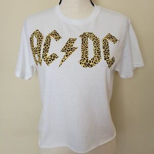 AC/DC Womens 100% Cotton Shirt  Small White Crew Neck Short Sleeve Leopard Print